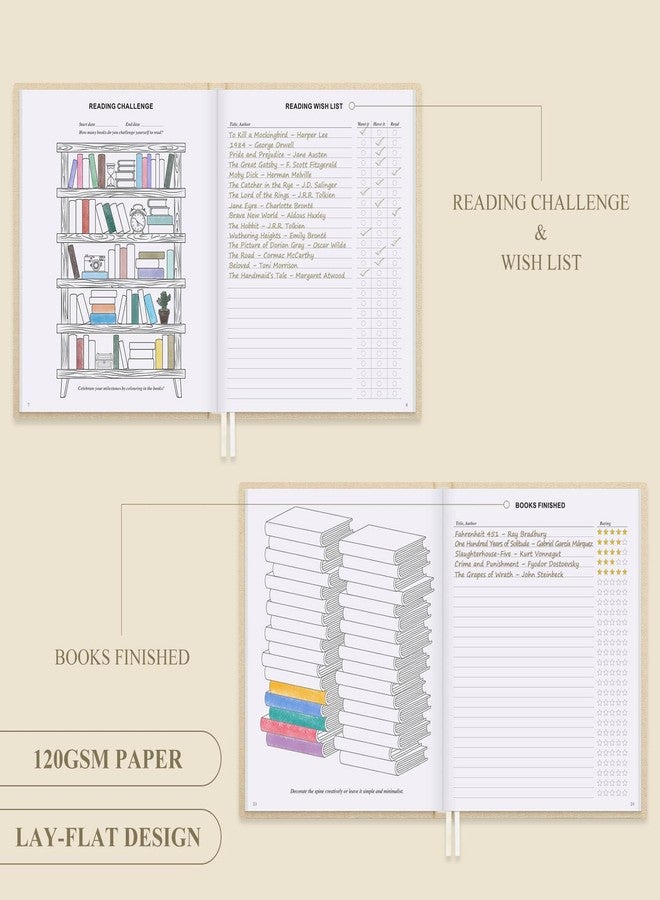 Lanpn Reading Diary & Book Journal, Linen Reading Journal Diary for Adults Book Lovers Book Club Themes Reading Notebook Bullet Journal Tracker for Collecting and Organising Your Books (Beige) - Image 4