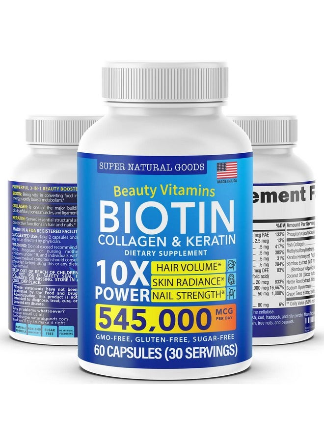 Super Natural Goods - Biotin Collagen Supplements With Keratin Peptides Hair Growth & Hair Loss Treatment For Men & Women Hair Skin Nails Vitamins Maximum Strength 545000Mcg Supplement Pills Nail & Skin Capsules - Image 1