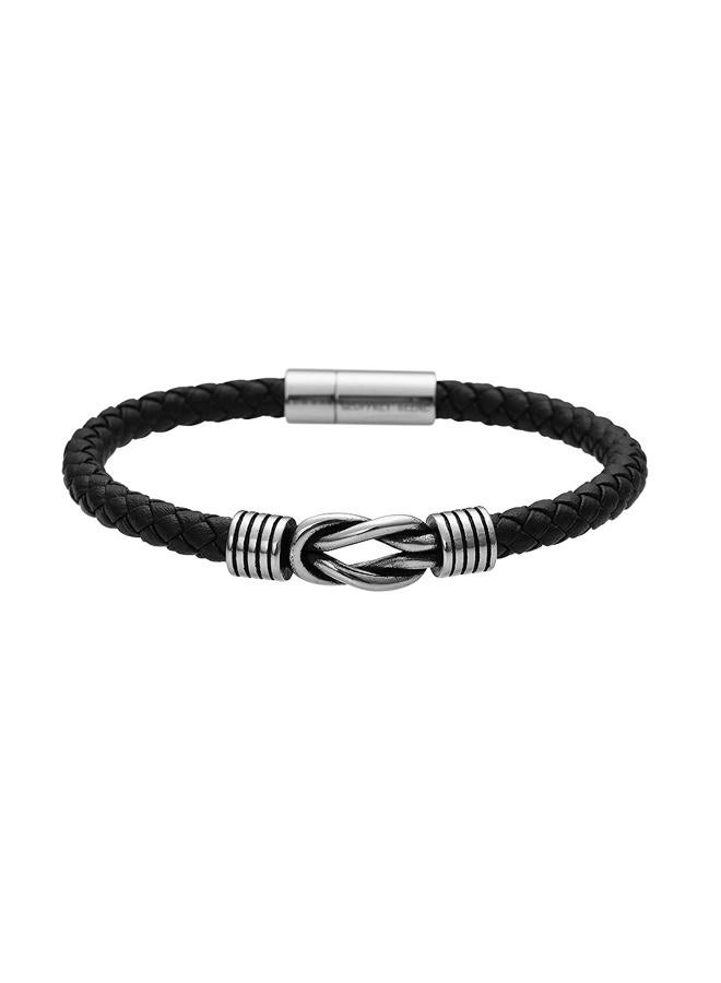 Geoffrey Beene Men's Braided Genuine Leather Knot Bracelet with Stainless Steel Magnetic Closure, Leather - Image 1