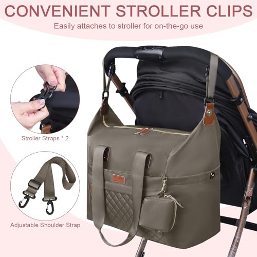 Pritent Diaper Bag Tote, Diaper Baby Bags with Pacifier Case, Shoulder Straps, Stroller Clips, Waterproof Large Mommy Bag Maternity Bag Travel Baby Bag for Mom and Dad, khaki - Image 5