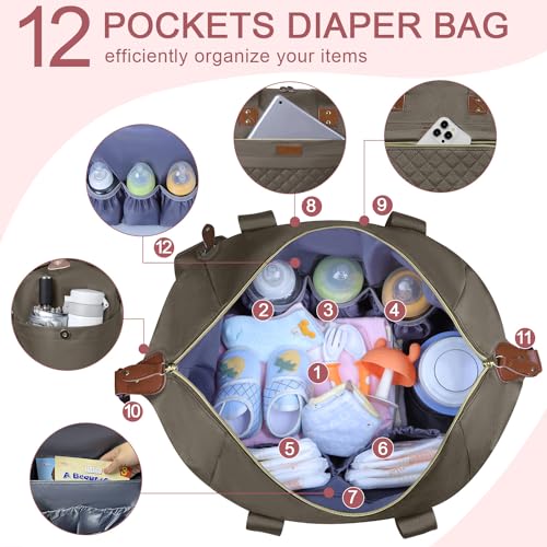 Pritent Diaper Bag Tote, Diaper Baby Bags with Pacifier Case, Shoulder Straps, Stroller Clips, Waterproof Large Mommy Bag Maternity Bag Travel Baby Bag for Mom and Dad, khaki - Image 3