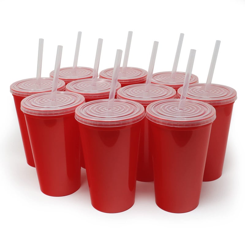 Rolling Sands 22 oz Reusable Plastic Cups with Lids 10 Pack USA Made Red Tumblers Includes 10 Reusable Straws Dishwasher Safe