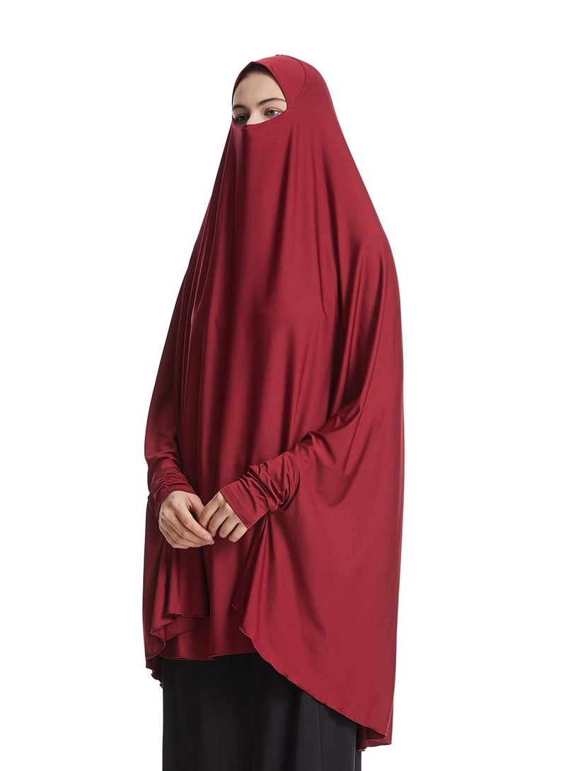 إسكدنيا Women's Solid Color Abaya Batwing Sleeve Thobe Robe With Hijab Wine Red  - Image 2