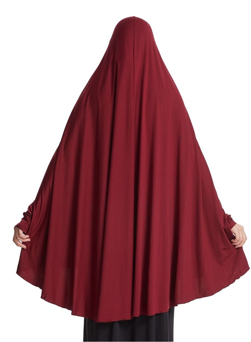 إسكدنيا Women's Solid Color Abaya Batwing Sleeve Thobe Robe With Hijab Wine Red  - Image 3