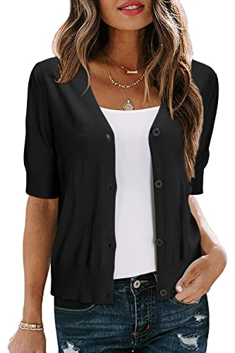 Arach&Cloz Womens Cardigans Summer Cropped Lightweight Short Sleeve Sweater Bolero Shrugs Tops Casual Dressy Trendy Plus Size Valentines Kimono Cozy Clouds Black - Image 1