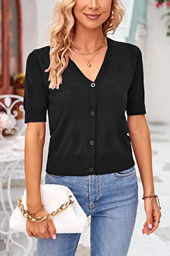 Arach&Cloz Womens Cardigans Summer Cropped Lightweight Short Sleeve Sweater Bolero Shrugs Tops Casual Dressy Trendy Plus Size Valentines Kimono Cozy Clouds Black - Image 2