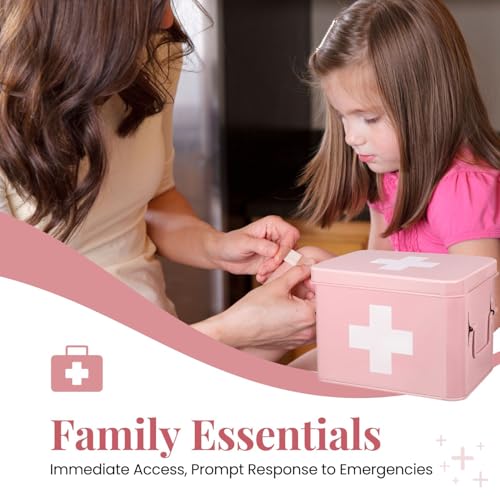 Flexzion First Aid Box Organizer Empty 85 Inch Pink Vintage First Aid Kit Tin Metal Medical Box First Aid Storage Box Container Bins with Dividers Removable Tray and Cross Logo - Image 5