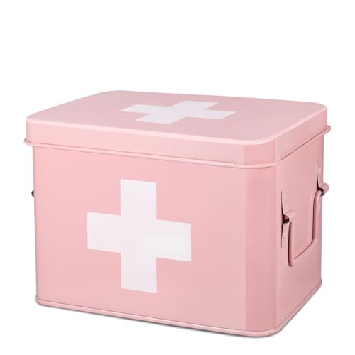 Flexzion First Aid Box Organizer Empty 85 Inch Pink Vintage First Aid Kit Tin Metal Medical Box First Aid Storage Box Container Bins with Dividers Removable Tray and Cross Logo - Image 2