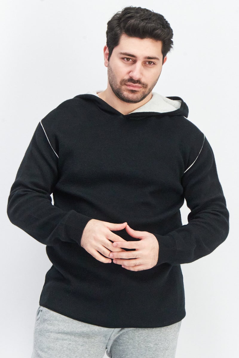 SELECTED Men Hooded Textured Long Sleeve Sweatshirt, Black - Image 1