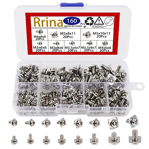 Rrina 160Pcs M3 M3.5 M4 M5 Terminal Block Screws Assortment Kit with Square Washers, Nickel Plated Carbon Steel, Silver - Image 1