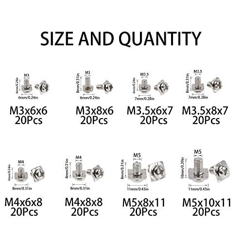 Rrina 160Pcs M3 M3.5 M4 M5 Terminal Block Screws Assortment Kit with Square Washers, Nickel Plated Carbon Steel, Silver - Image 2