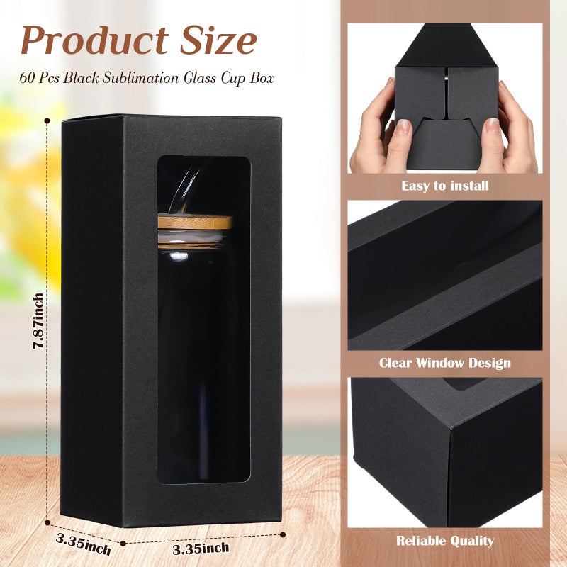 FillTouch 60 Pcs Gift Boxes with Ribbon for Sublimation Glass Exhibition Transparent Tumbler Gift Boxes for 12oz 16oz 20oz Glass Jar Shipping Packaging(Black) - Image 4