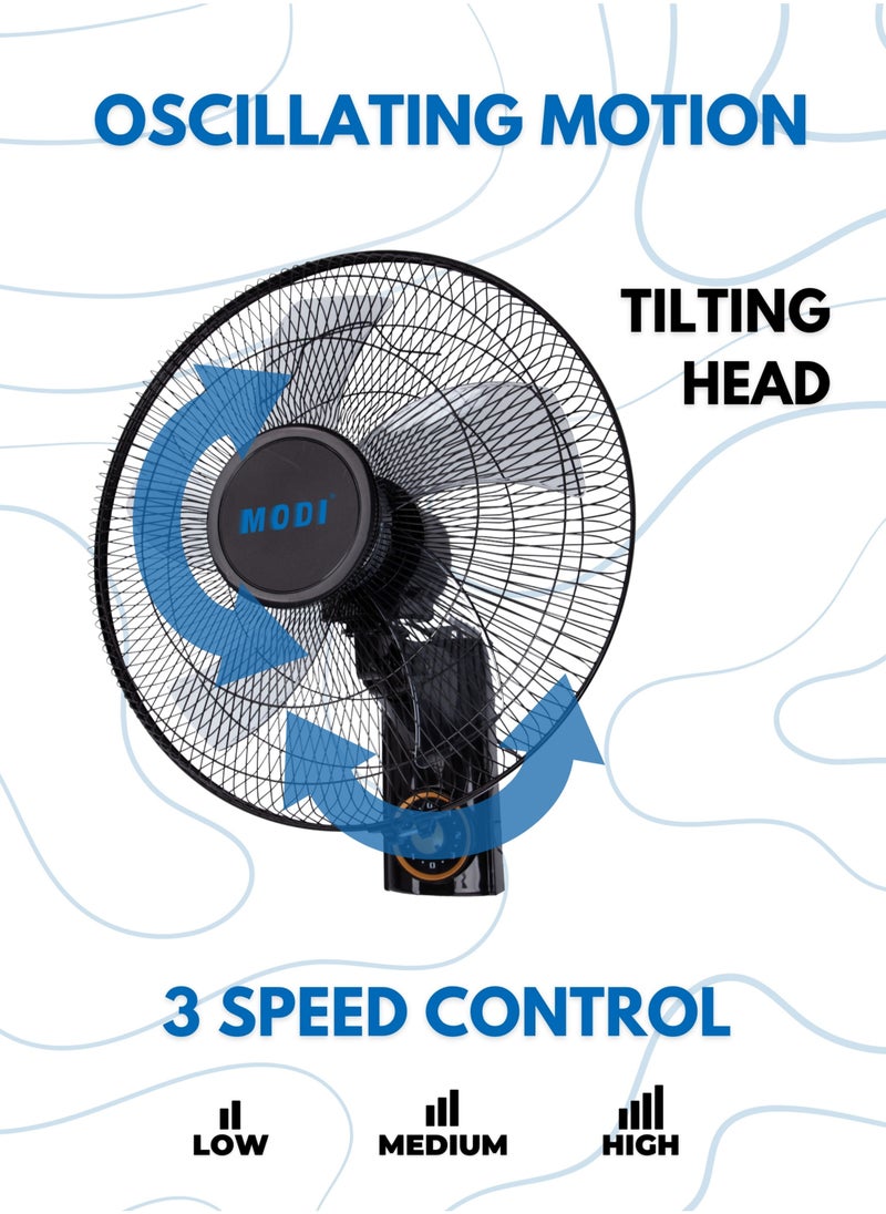 MODI - 16" Wall Fan| High Performance Fan with 3-Speed Controls, 5 Leaf Blades and 2 Pull String Cords| Adjustable Tilt Angle and Efficient Cooling|  High Performance Motor for High Speed Wind - Image 1
