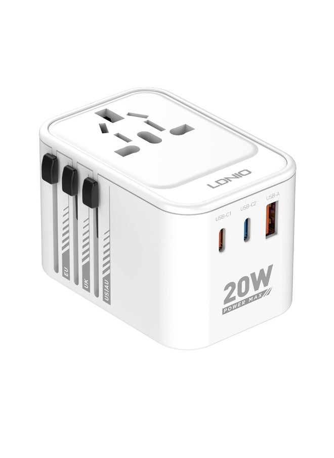 LDNIO Universal Travel Adapter 20W International Plug Adapter With USB 2 Type C Fast Charging All In One Worldwide Wall Charger UK US AUS EU 