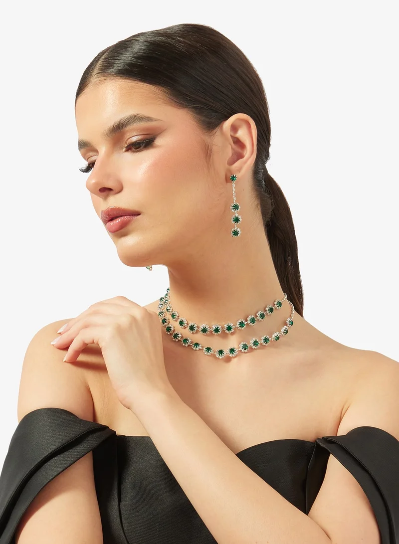 Ella Limited Edition Silver Diamonte Rhinestone Jewelry Set Double Layered Necklace Earrings