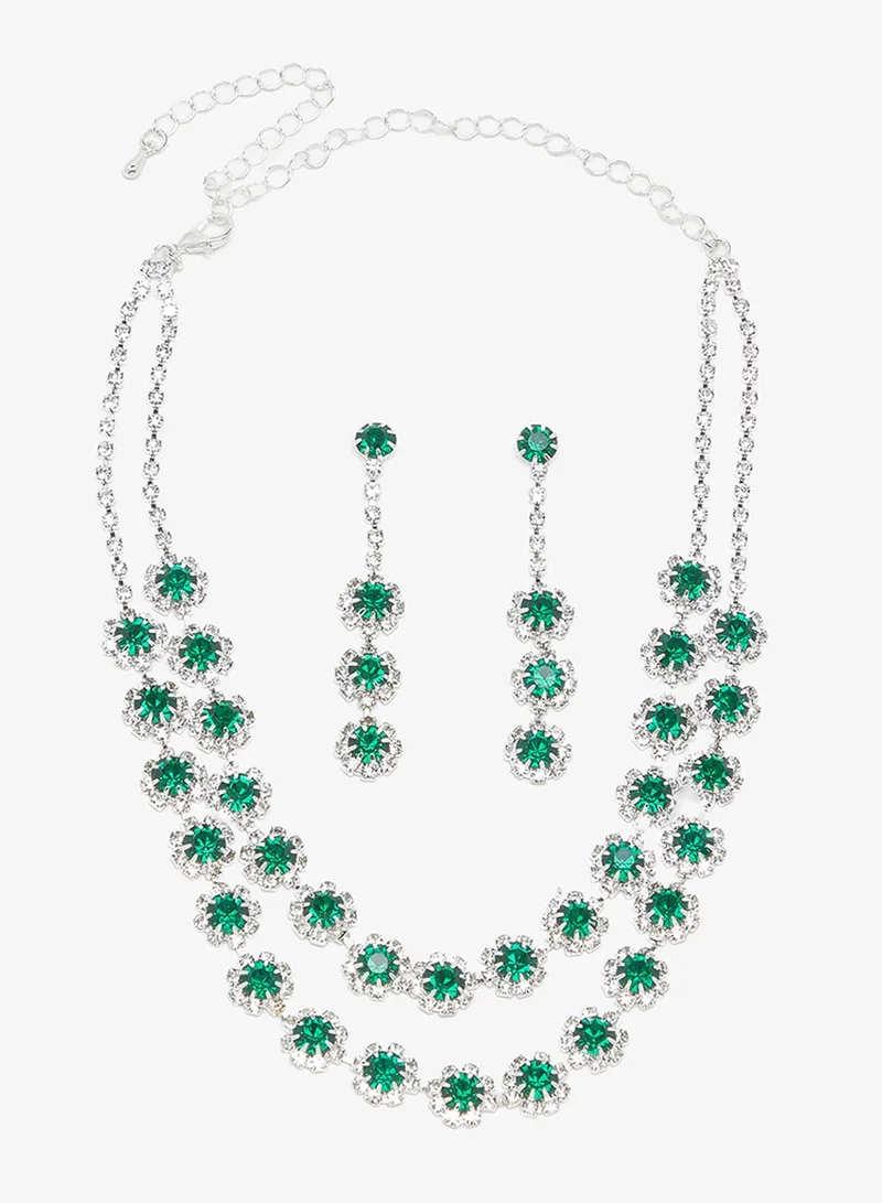 Ella Limited Edition Silver Diamonte Rhinestone Jewelry Set Double Layered Necklace Earrings