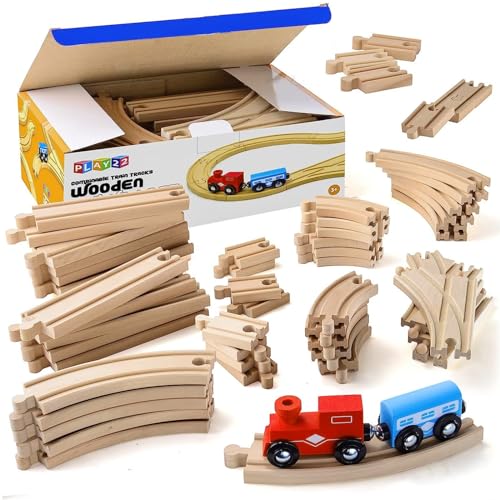 Play22 Wooden Train Tracks  52 PCS  2 Bonus Car Toy Trains  for Kids is Compatible with Thomas Wooden Railway Systems and All Major Brands  Original - Image 1