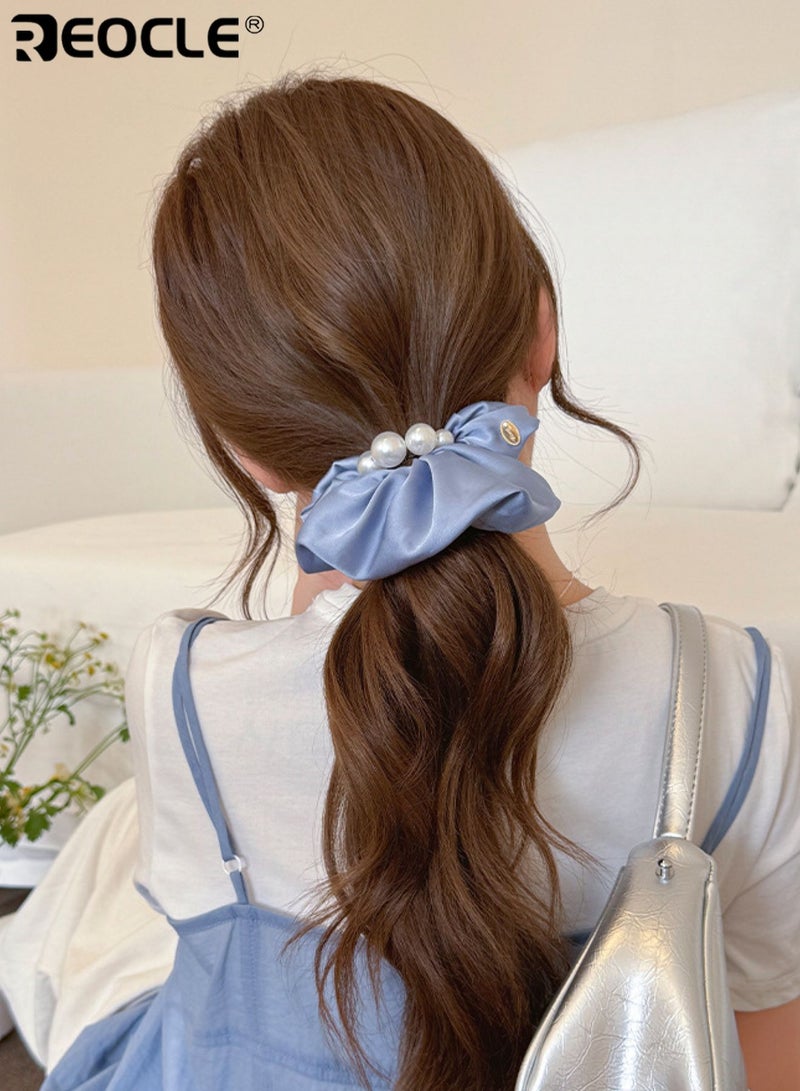 REOCLE Women's Pearl-Accented Large Fabric Scrunchie Elegant Full-Size Hair Tie Versatile Decorative Hair Accessory for Daily Styling & Occasion Use - Image 2