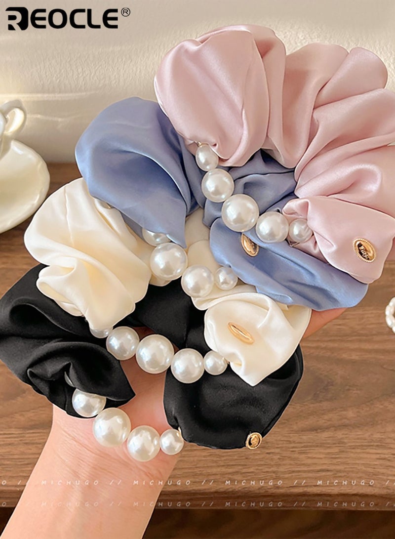 REOCLE Women's Pearl-Accented Large Fabric Scrunchie Elegant Full-Size Hair Tie Versatile Decorative Hair Accessory for Daily Styling & Occasion Use - Image 5