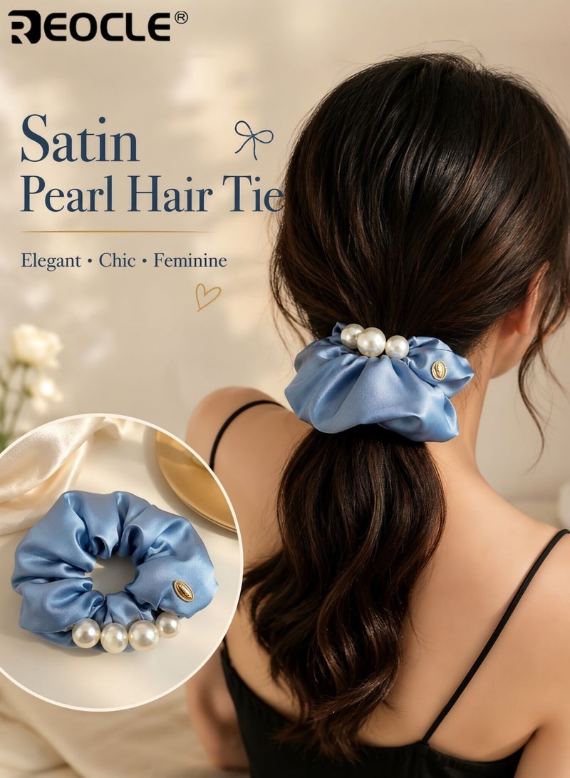 REOCLE Women's Pearl-Accented Large Fabric Scrunchie Elegant Full-Size Hair Tie Versatile Decorative Hair Accessory for Daily Styling & Occasion Use - Image 1