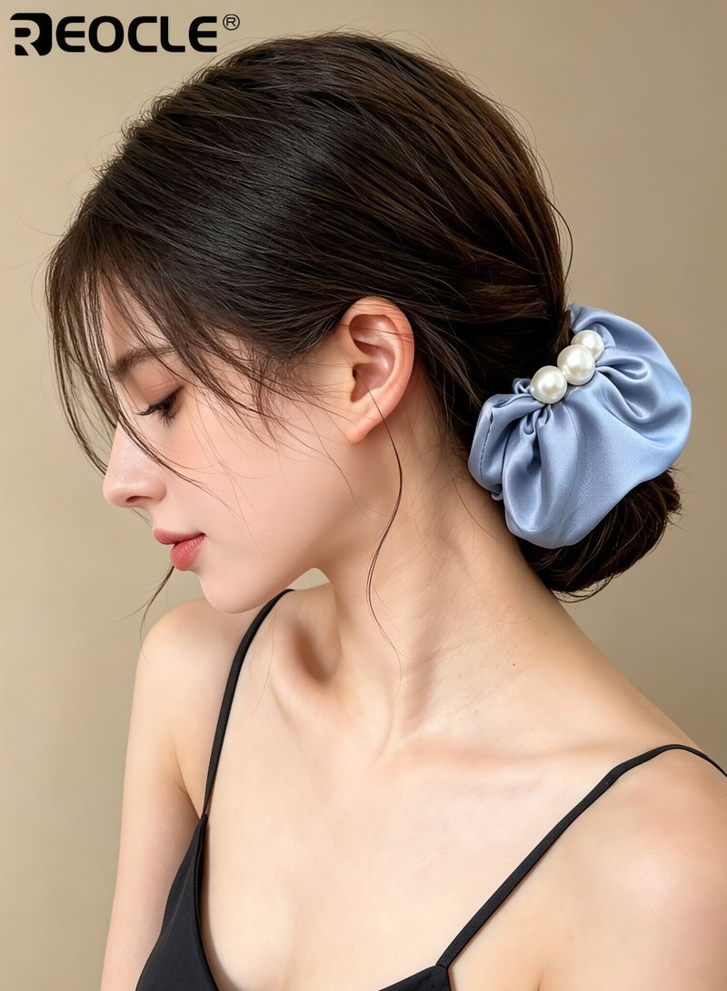 REOCLE Women's Pearl-Accented Large Fabric Scrunchie Elegant Full-Size Hair Tie Versatile Decorative Hair Accessory for Daily Styling & Occasion Use - Image 4