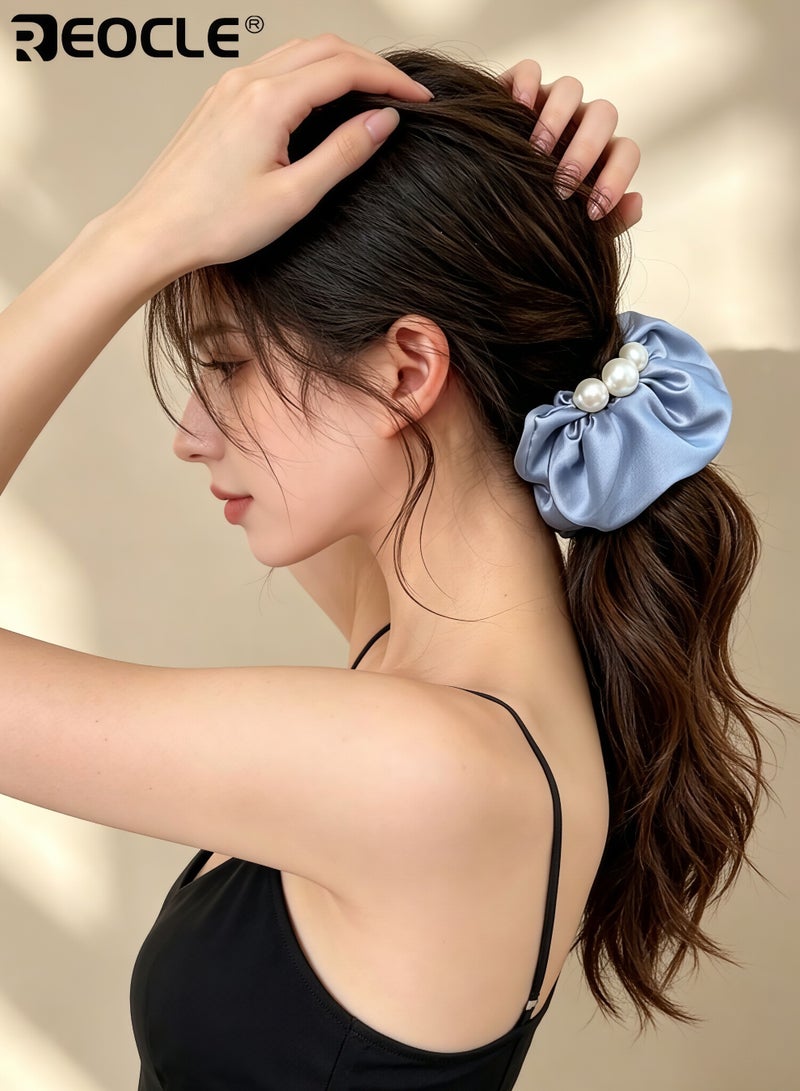 REOCLE Women's Pearl-Accented Large Fabric Scrunchie Elegant Full-Size Hair Tie Versatile Decorative Hair Accessory for Daily Styling & Occasion Use - Image 2