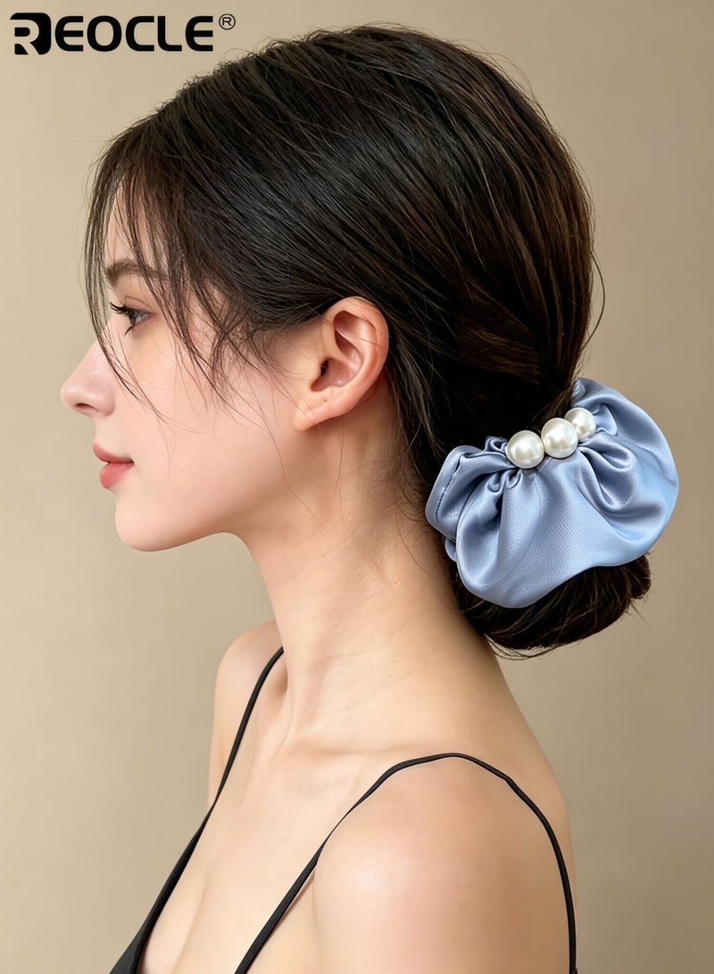 REOCLE Women's Pearl-Accented Large Fabric Scrunchie Elegant Full-Size Hair Tie Versatile Decorative Hair Accessory for Daily Styling & Occasion Use - Image 3