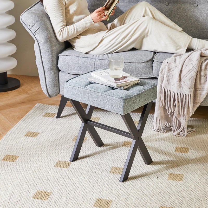 IBUYKE Square Makeup Stool with X-Leg Foot Rest, Linen Footrest, Ottoman Seat, Multi-Use as Small Side Table, for Bedroom, Living Room, Blue Gray LG-70L - Image 4