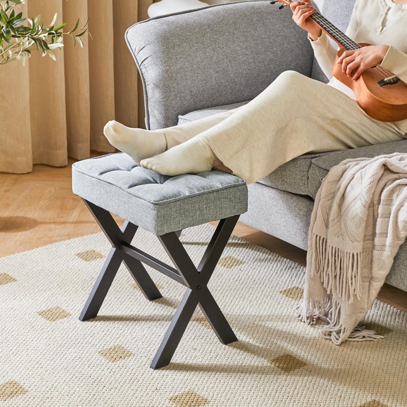 IBUYKE Square Makeup Stool with X-Leg Foot Rest, Linen Footrest, Ottoman Seat, Multi-Use as Small Side Table, for Bedroom, Living Room, Blue Gray LG-70L - Image 3