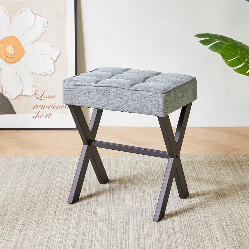 IBUYKE Square Makeup Stool with X-Leg Foot Rest, Linen Footrest, Ottoman Seat, Multi-Use as Small Side Table, for Bedroom, Living Room, Blue Gray LG-70L - Image 2