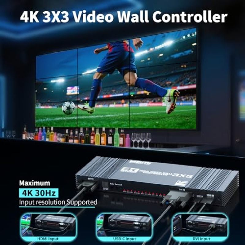 Video Wall Controller: 3x3 Grid, Seamless Sync, 4K Input 1080P Output - 17 Stitching Modes, 180° Rotation, Video Wall Processor for Retail Stores Conference Rooms Control Rooms - Image 3