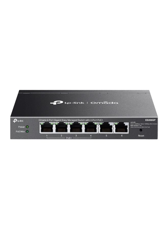 Omada ES206GP 6-Port Gigabit Easy Managed Switch with 4 PoE+ Ports, 65W PoE Budget, Fanless Metal Design, VLAN, QoS, IGMP Snooping, Omada Cloud & Controller Management – Desktop/Wall-Mount Black