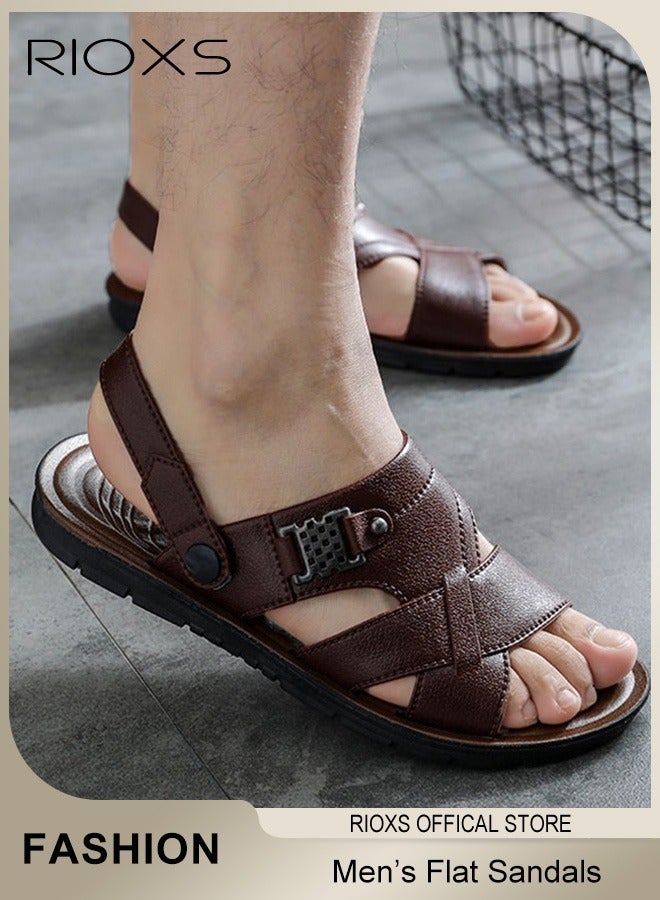 RIOXS Men's Flat Sandals, Summer Open Toe Water Sandals, Breathable Non-Slip Casual Beach Slingback Sandals, Lightweight Pool Slide Sandals Water Shoes for Men, Adjustable Beach Slippers with Back-Strap, Suitable for Summer Outdoor Walking Hiking Fisherman Camping Travelling, Brown - Image 1