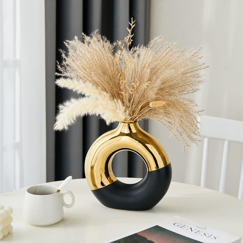 f + j's FJS Ceramic Donut Vase  8"" L x 8"" H Black and Gold Round Vase for Pampas Grass  Nordic Modern Vases for Decor  Ceramic Vase Centerpieces for Wedding  Bedroom  Living Room  Coffee Table  Office - Image 2