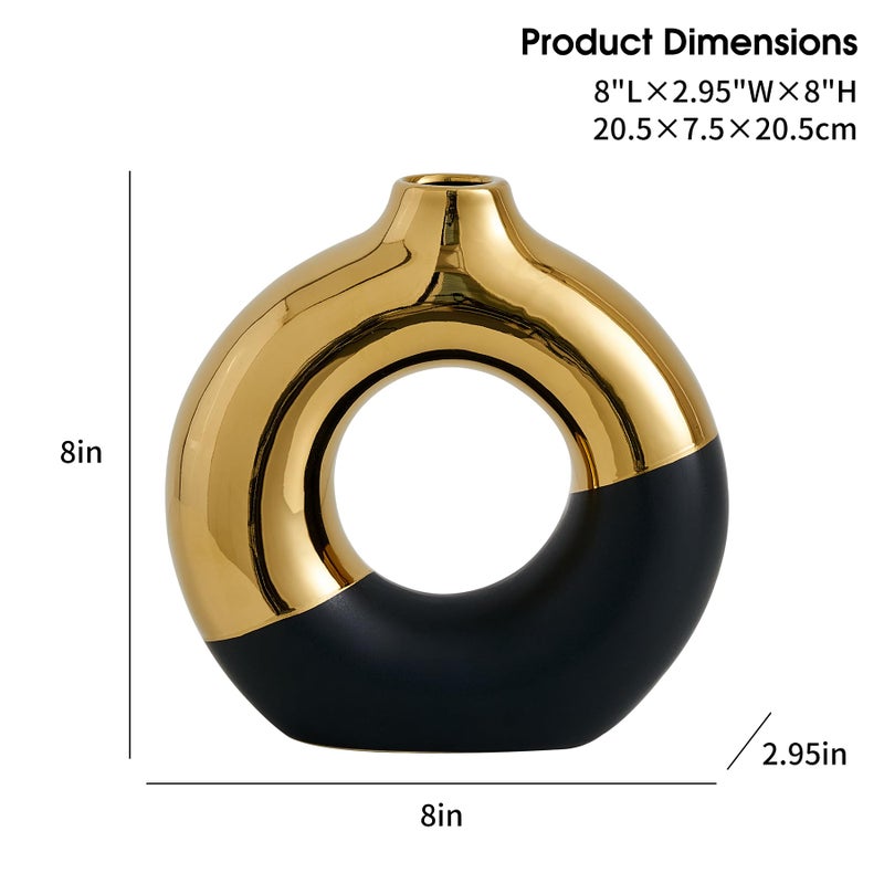 f + j's FJS Ceramic Donut Vase  8"" L x 8"" H Black and Gold Round Vase for Pampas Grass  Nordic Modern Vases for Decor  Ceramic Vase Centerpieces for Wedding  Bedroom  Living Room  Coffee Table  Office - Image 4