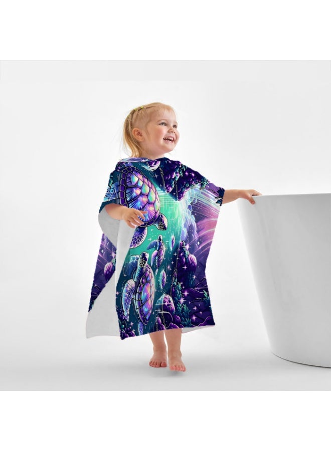Neon Laser Iridescent Cyber Deep Sea Turtle Coral Starlight Printed Unisex Kids Hooded Quick Dry Poncho Towel, Polyester Soft Water Absorbent Loose Windproof Bath Wrap for All Kids, Ideal for Beach, Swimming Pool, Hot Spring & Daily Shower - Image 1