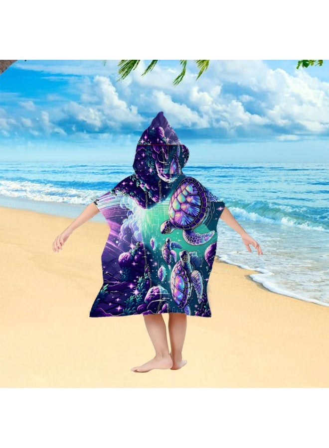 Neon Laser Iridescent Cyber Deep Sea Turtle Coral Starlight Printed Unisex Kids Hooded Quick Dry Poncho Towel, Polyester Soft Water Absorbent Loose Windproof Bath Wrap for All Kids, Ideal for Beach, Swimming Pool, Hot Spring & Daily Shower - Image 5