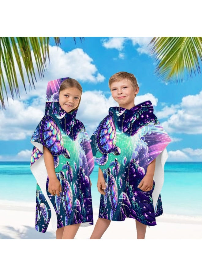 Neon Laser Iridescent Cyber Deep Sea Turtle Coral Starlight Printed Unisex Kids Hooded Quick Dry Poncho Towel, Polyester Soft Water Absorbent Loose Windproof Bath Wrap for All Kids, Ideal for Beach, Swimming Pool, Hot Spring & Daily Shower - Image 2