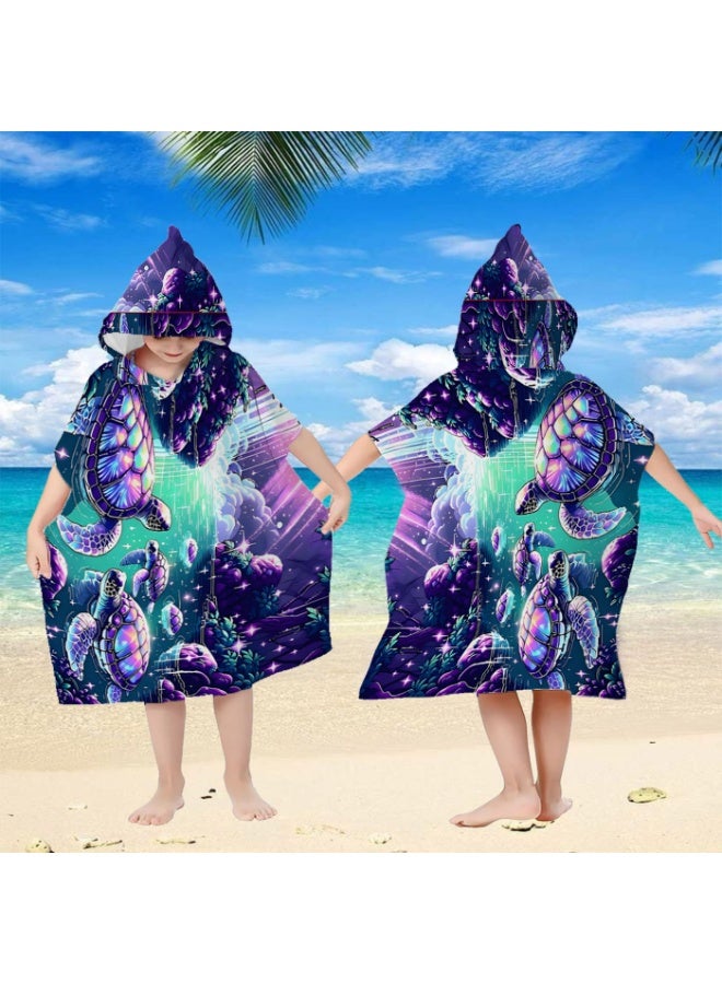 Neon Laser Iridescent Cyber Deep Sea Turtle Coral Starlight Printed Unisex Kids Hooded Quick Dry Poncho Towel, Polyester Soft Water Absorbent Loose Windproof Bath Wrap for All Kids, Ideal for Beach, Swimming Pool, Hot Spring & Daily Shower - Image 3