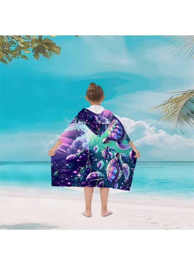Neon Laser Iridescent Cyber Deep Sea Turtle Coral Starlight Printed Unisex Kids Hooded Quick Dry Poncho Towel, Polyester Soft Water Absorbent Loose Windproof Bath Wrap for All Kids, Ideal for Beach, Swimming Pool, Hot Spring & Daily Shower - Image 4