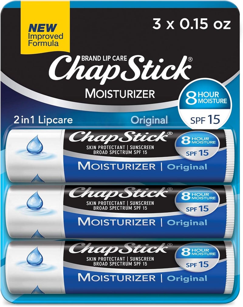 ChapStick Moisturizer Original Lip Balm Tubes, SPF 15 and Skin Protectant - 0.15 Oz (Pack of 3) Low maintenance - Image 1