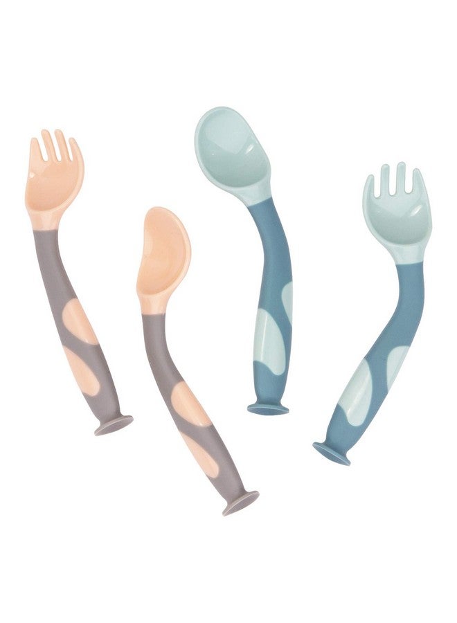 كيوشاير ملاعق أدوات طعام للأطفال مع حقيبة سفر آمنة، ملعقة تدريب على تغذية الأطفال الصغار مع قبضة سهلة ووظيفة قابلة للانحناء، ملاعق تعلم مثالية للتغذية الذاتية (أزرق/وردي) - Image 1