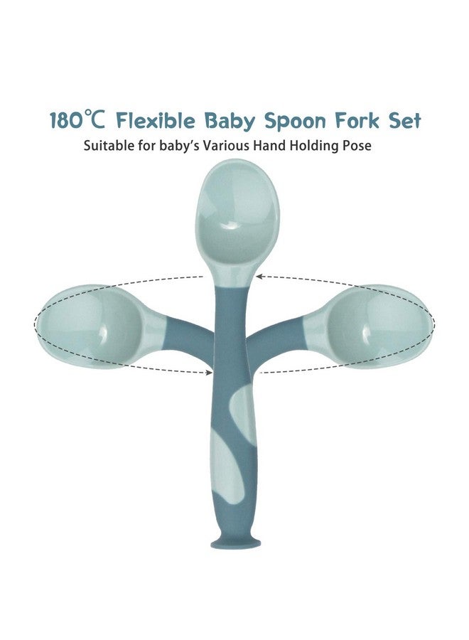 كيوشاير ملاعق أدوات طعام للأطفال مع حقيبة سفر آمنة، ملعقة تدريب على تغذية الأطفال الصغار مع قبضة سهلة ووظيفة قابلة للانحناء، ملاعق تعلم مثالية للتغذية الذاتية (أزرق/وردي) - Image 2
