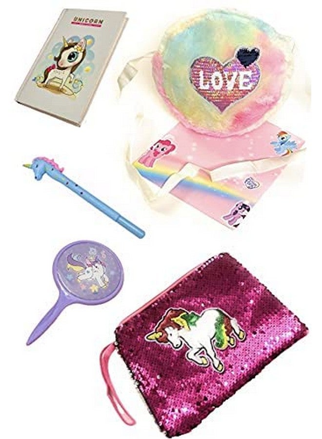حقيبة كتف من فرو يونيكورن من لي ديلايت، حقيبة كتف لطيفة، مرآة يونيكورن، إكسسوارات مكياج يونيكورن، مشط يونيكورن، مذكرات يونيكورن صغيرة حلزونية مع قلم، مجموعة أعياد ميلاد يونيكورن - متعدد الألوان