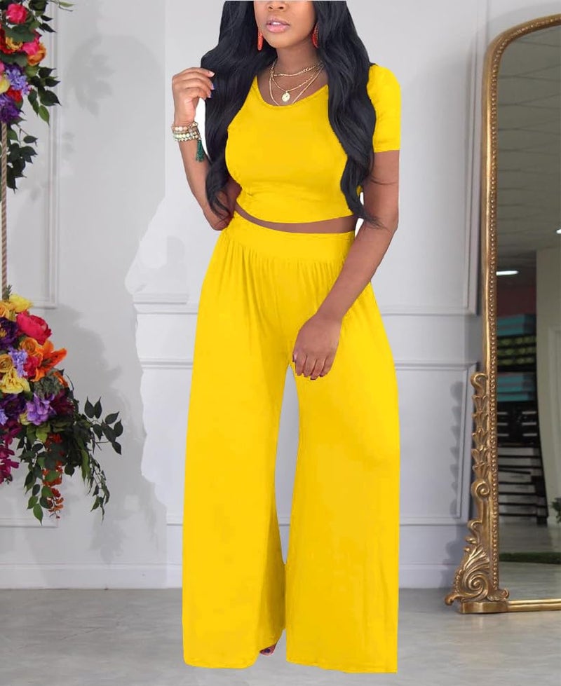 HBQ Two Piece Outfits For Women Casual Sweat Suits Backless Short Sleeve Crop Tops Wide Leg Pants Lounge Sets Tracksuit-Yellow-L - Image 2