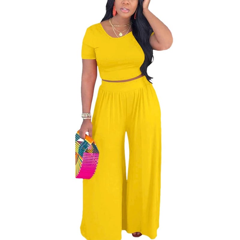 HBQ Two Piece Outfits For Women Casual Sweat Suits Backless Short Sleeve Crop Tops Wide Leg Pants Lounge Sets Tracksuit-Yellow-L - Image 1