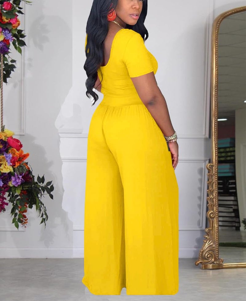 HBQ Two Piece Outfits For Women Casual Sweat Suits Backless Short Sleeve Crop Tops Wide Leg Pants Lounge Sets Tracksuit-Yellow-L - Image 3