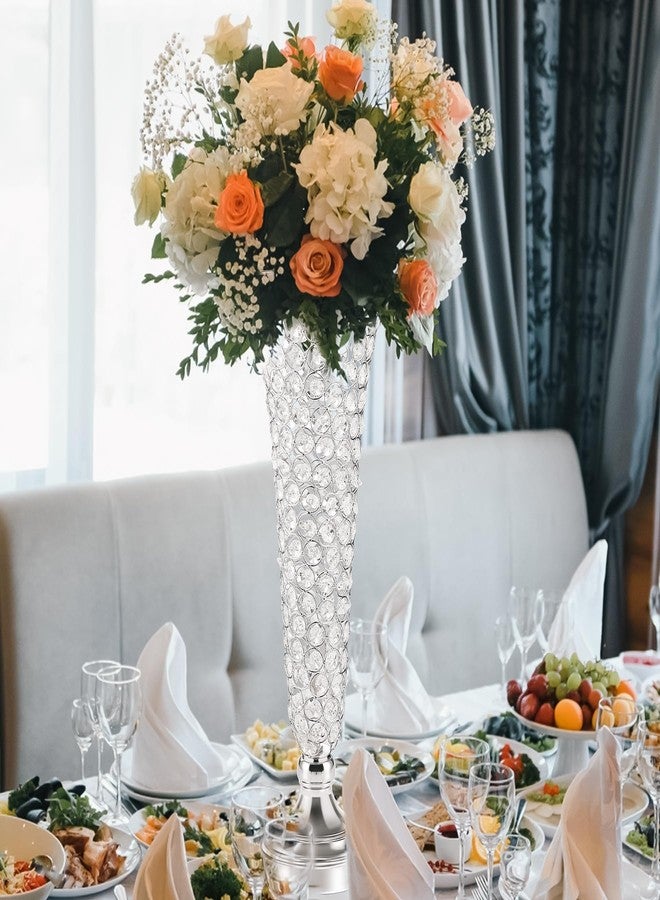 مزهريات فضية لتزيين الطاولات - مزهرية كريستالية على شكل بوق، قطعتان من المزهريات الكريستالية لتزيين الطاولات، حامل زهور بطول 20 بوصة لحفلات الزفاف والذكرى السنوية وأعياد الميلاد وتزيين المنزل - Image 3