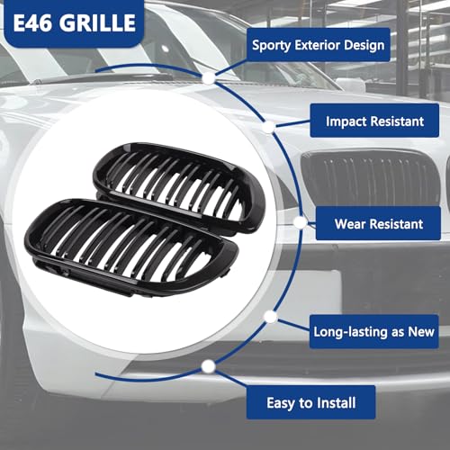 DEKEWEI E46 Grille, Front Kidney Grill Compatible with BMW 3 Series 2002-2005 E46 4-Door 320i 325i 325xi 330i 330xi Double Slats Gloss Black Grill - Image 3