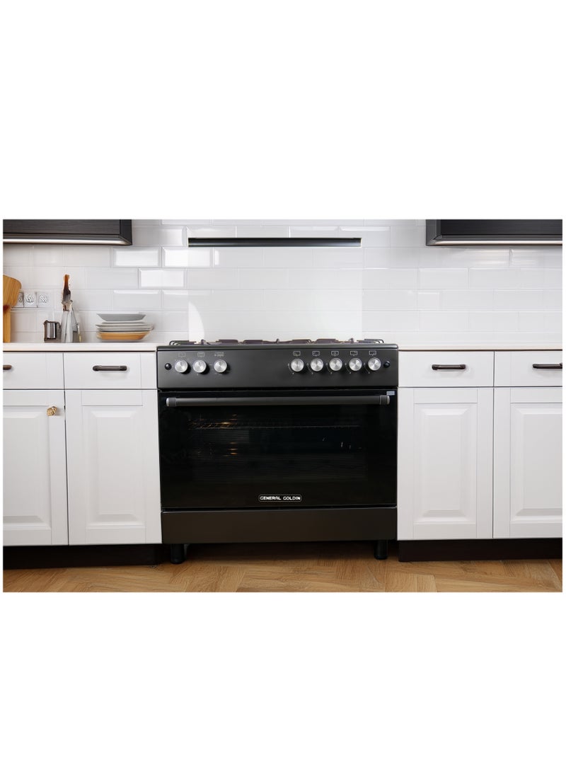 General Goldin General Goldin 90x60cm 5 Burners Freestanding Heavy Duty Matt Black With Grill & Fan Model No GGFC9605-TIMSF9H - Image 1